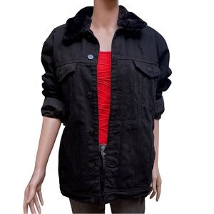 YoungLA Black Distressed Faux Fur Collar Jacket Large